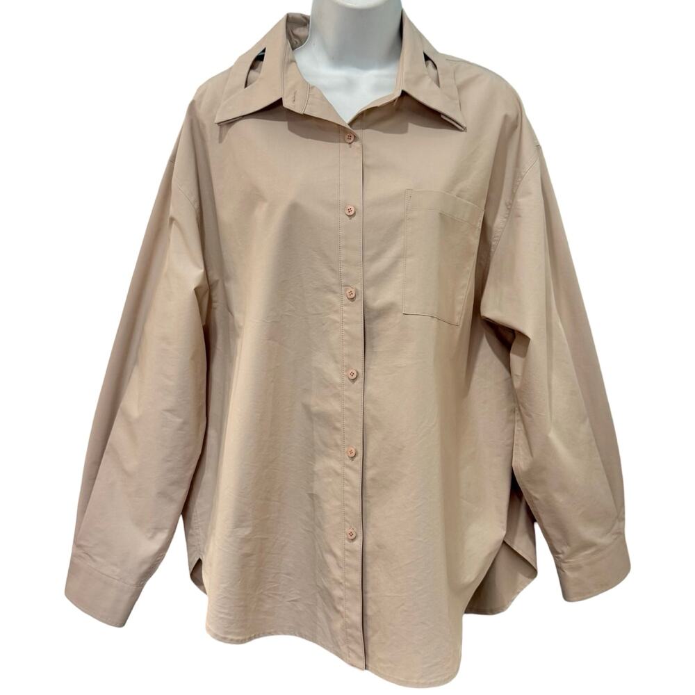 Moonlee Beige Collared Cut Out Button Up Blouse Oversize Top Size L NEW Tags